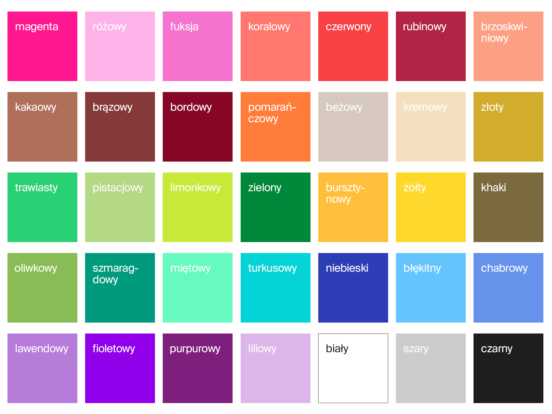 Nazwy kolorów, lista kolorów, tabela kolorów